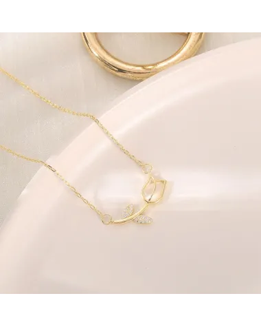 Naszyjnik stalowy złoty - kwiatek (BM025)