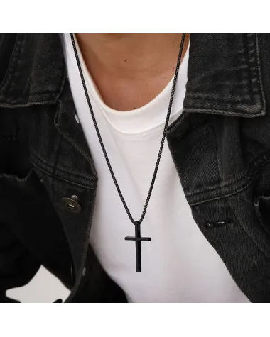 Naszyjnik stalowy czarny - krzyżyk (BM028)