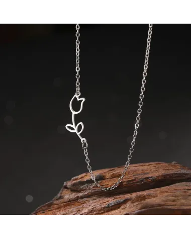 Naszyjnik stalowy srebrny - kwiatek (BM032)