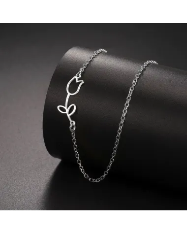 Naszyjnik stalowy srebrny - kwiatek (BM032)