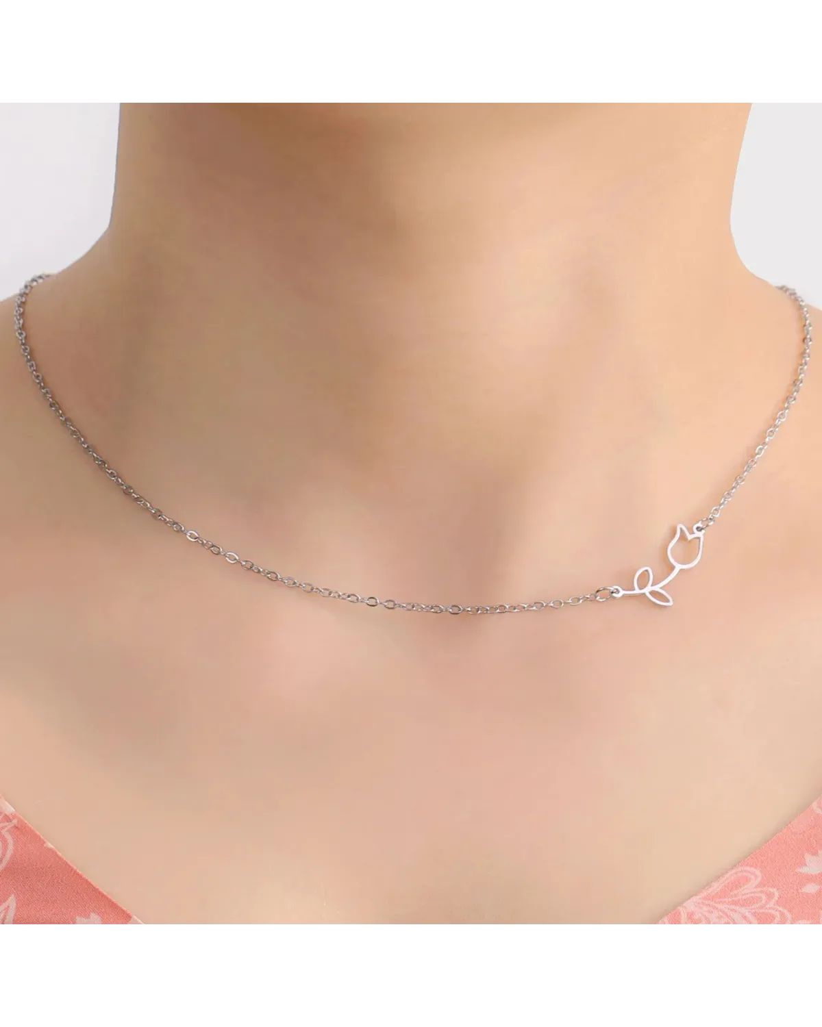 Naszyjnik stalowy srebrny - kwiatek (BM032)