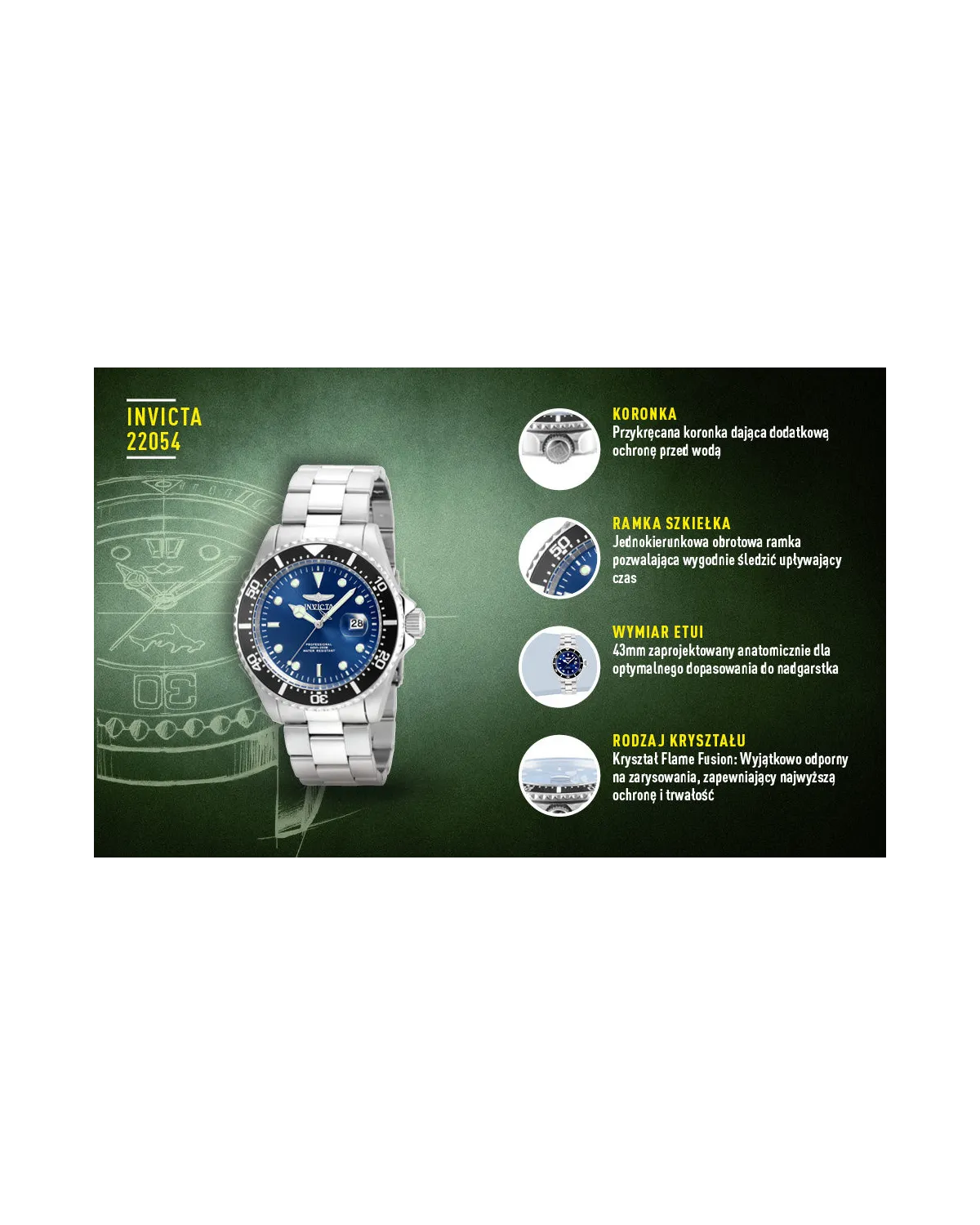 ZEGAREK MĘSKI INVICTA PRO DIVER 22054 - WODOSZCZLNOŚĆ 200m, koperta 43mm