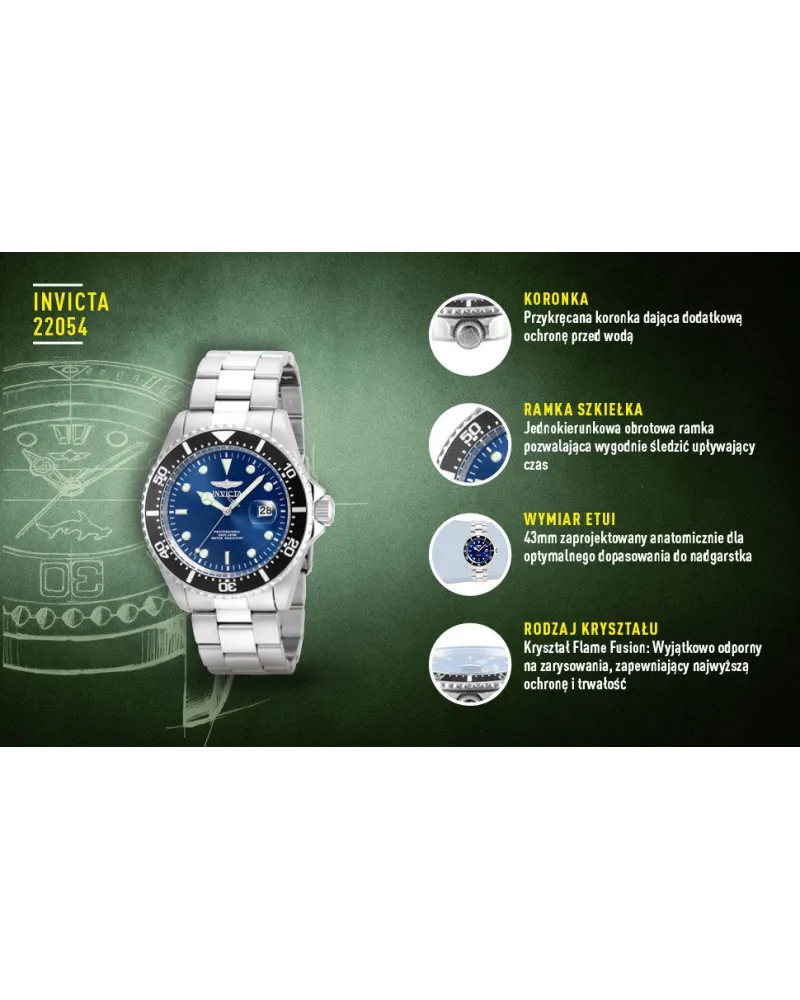 ZEGAREK MĘSKI INVICTA PRO DIVER 22054 - WODOSZCZLNOŚĆ 200m, koperta 43mm