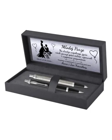 Długopisy Parker IM Stainless Steel CT + Czarny CT w Pudełku z Grawerem ślubnym (2143631/1931665)