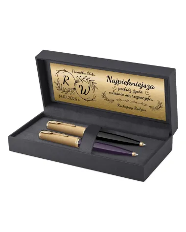 Długopisy Parker 51 Deluxe Czarny + Śliwkowy GT w Pudełku z Grawerem na Ślub (2123513/2123518)