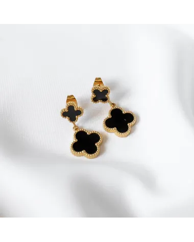 Kolczyki ze stali szlachetnej pozłacane 14k złotem, wiszące czarne Koniczyny 9 i 13 mm KST3613