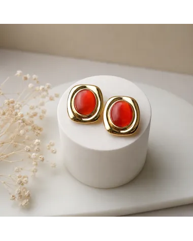 Kolczyki ze stali szlachetnej pozłacane 14k złotem, eleganckie czerwone kamień KST3610CZE
