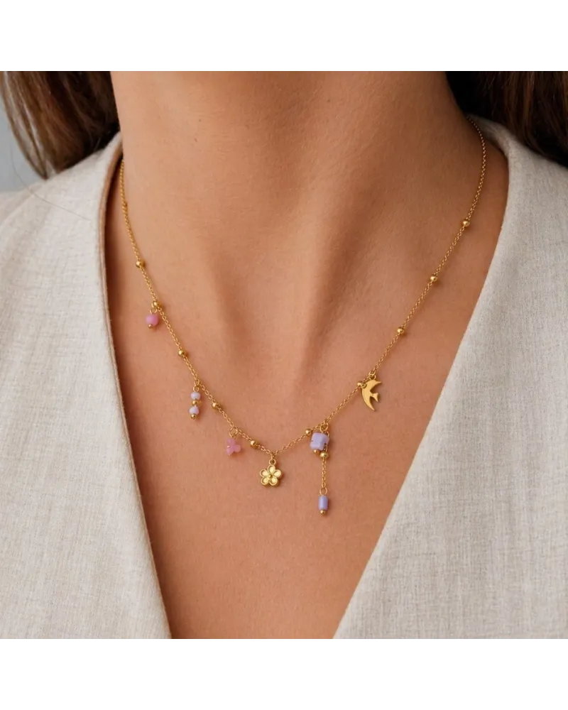 Naszyjnik stal szlachetna charms pozłacana 14k złotem, Pudrowe Koraliki, Kwiat NST2295 Naszyjnik stal szlachetna charms pozłacana 14k złotem, Pudrowe Koraliki, Kwiat NST2295