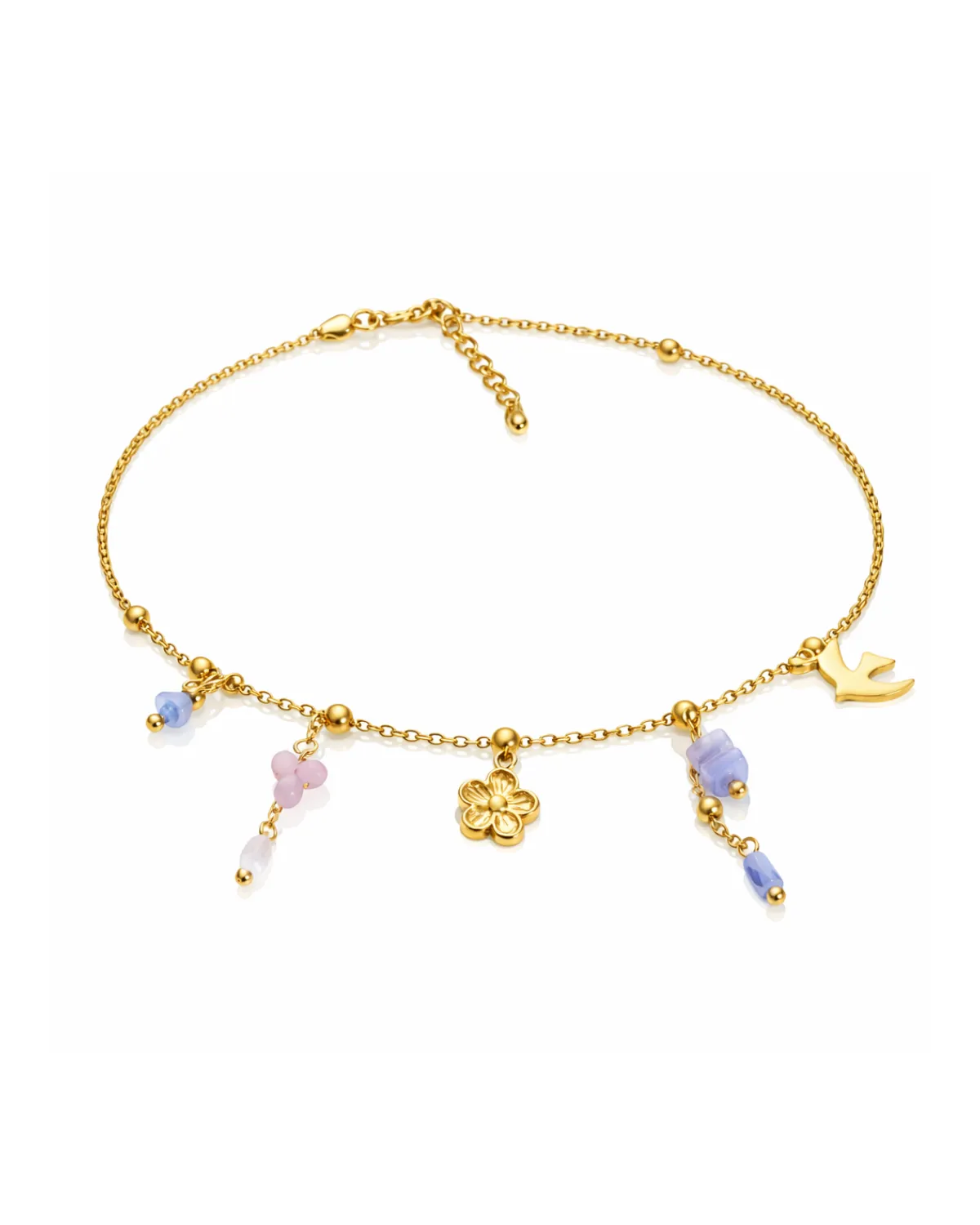 Bransoletka na rękę stal chirurgiczna pozłacana 14k złotem, pudrowe koraliki, kwiat BST1610 Bransoletka na rękę stal chirurgiczna pozłacana 14k złotem, pudrowe koraliki, kwiat BST1610