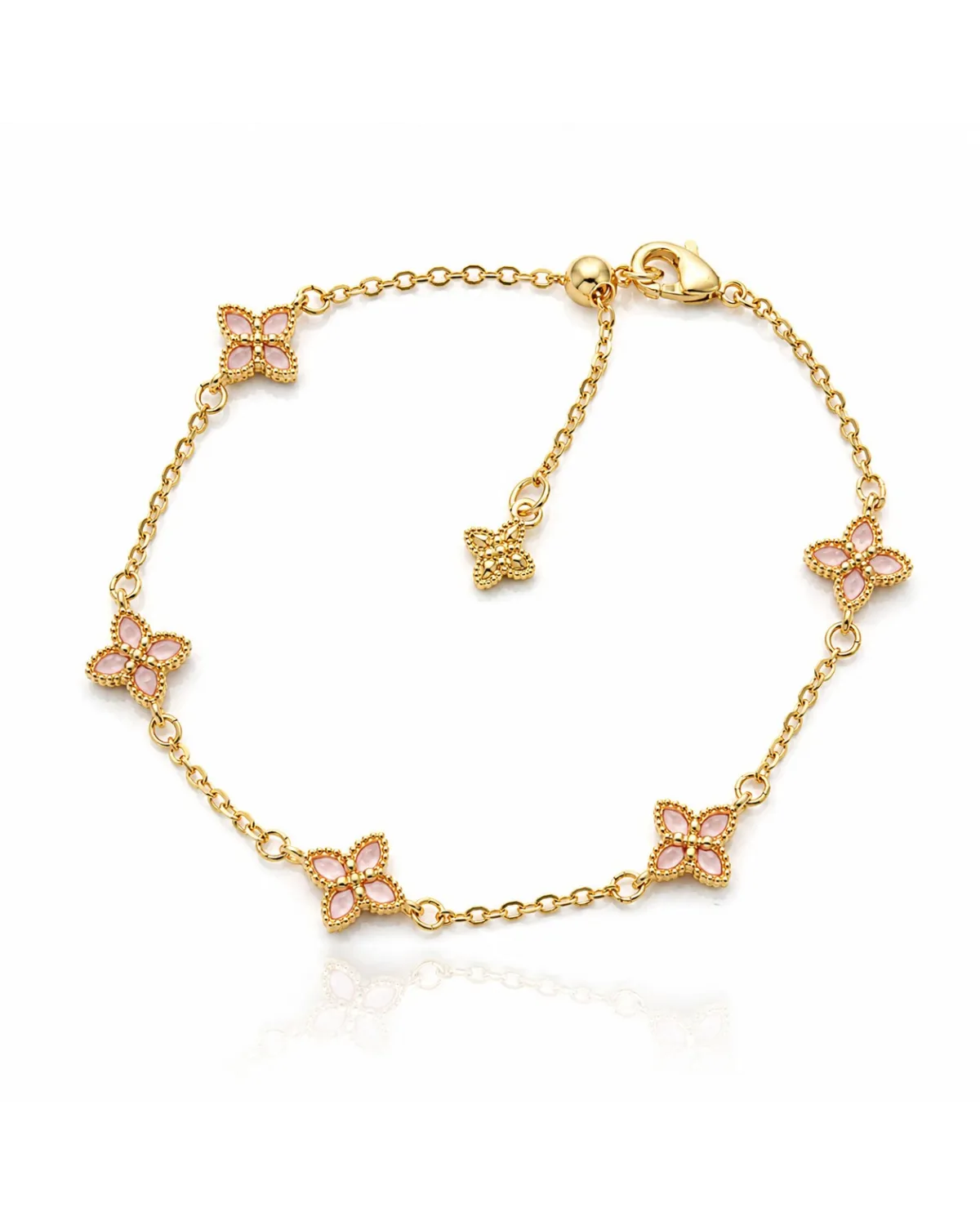 Bransoletka na rękę stal chirurgiczna pozłacana 14k złotem, koniczynka, różowa BST1621 Bransoletka na rękę stal chirurgiczna pozłacana 14k złotem, koniczynka, różowa BST1621