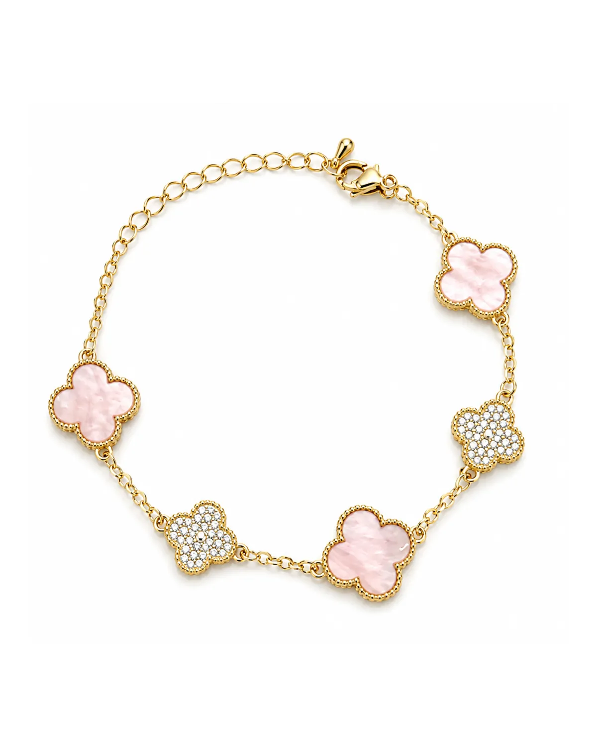 Bransoletka na rękę stal chirurgiczna pozłacana 14k złotem, różowa koniczyna BST1615 Bransoletka na rękę stal chirurgiczna pozłacana 14k złotem, różowa koniczyna BST1615