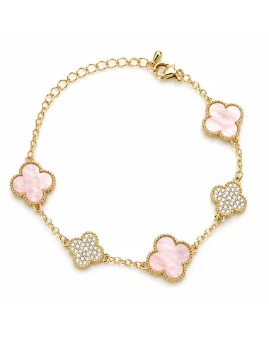 Bransoletka na rękę stal chirurgiczna pozłacana 14k złotem, r&oacute;żowa koniczyna BST1615