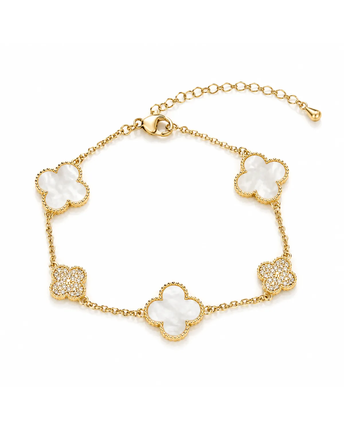 Bransoletka na rękę stal chirurgiczna pozłacana 14k złotem, biała koniczyna BST1616 Bransoletka na rękę stal chirurgiczna pozłacana 14k złotem, biała koniczyna BST1616
