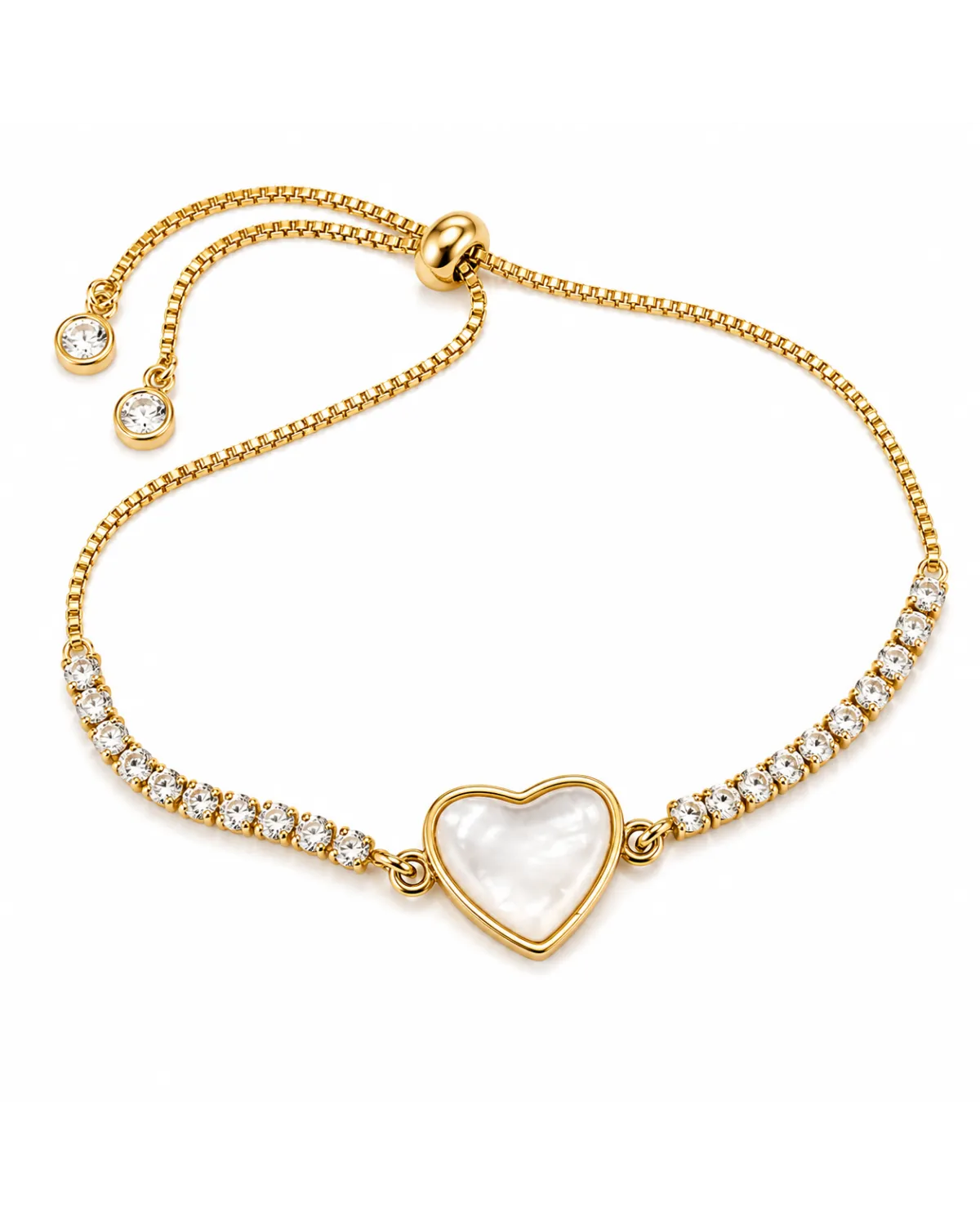 Bransoletka na rękę stal chirurgiczna pozłacana 14k złotem, cyrkonie, serce masa perłowa BST1618 Bransoletka na rękę stal chirurgiczna pozłacana 14k złotem, cyrkonie, serce masa perłowa BST1618