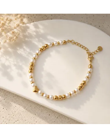 Bransoletka na rękę stal chirurgiczna pozłacana 14k złotem, Perełki, Serce BST1609