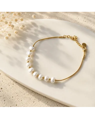 Bransoletka na rękę ze stali szlachetnej platerowana 14k złotem, Perełki BST1607