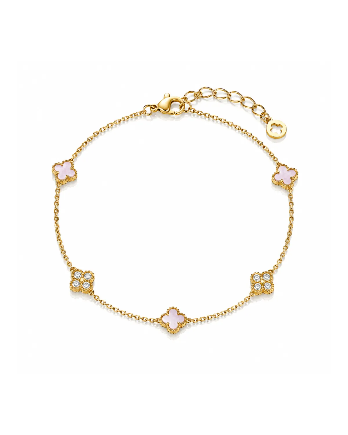 Bransoletka na rękę stal chirurgiczna pozłacana 14k złotem, koniczynka różowa cyrkonie BST1635 Bransoletka na rękę stal chirurgiczna pozłacana 14k złotem, koniczynka różowa cyrkonie BST1635