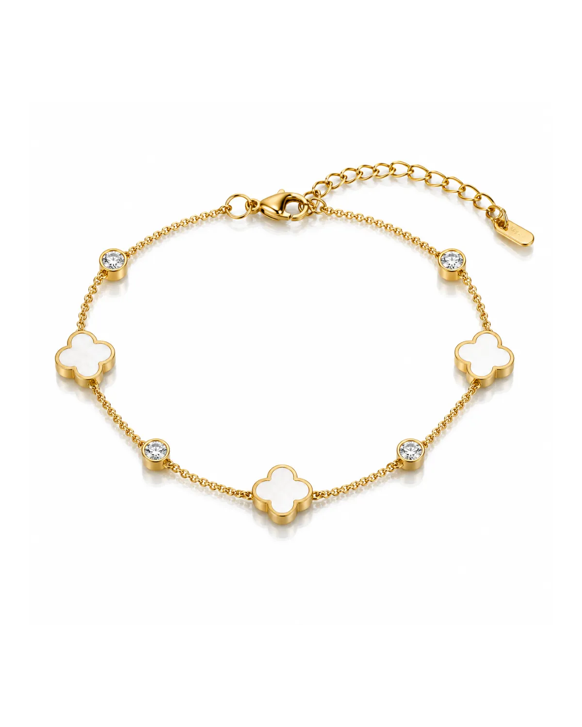 Bransoletka na rękę stal chirurgiczna pozłacana 14k złotem, koniczynka biała, cyrkonie BST1629 Bransoletka na rękę stal chirurgiczna pozłacana 14k złotem, koniczynka biała, cyrkonie BST1629