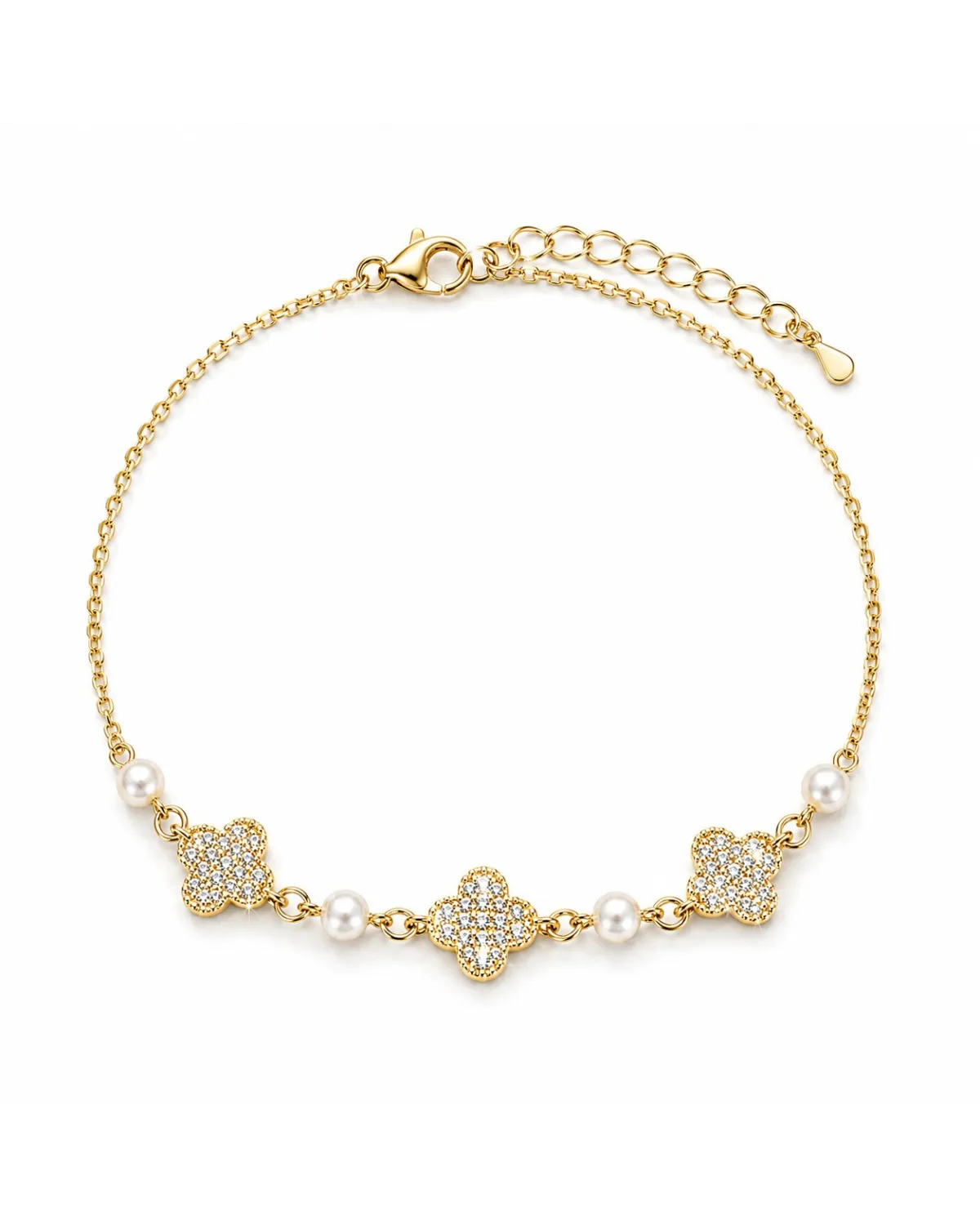 Bransoletka na rękę stal chirurgiczna pozłacana 14k złotem, koniczynka, cyrkonie, perełki BST1620 Bransoletka na rękę stal chirurgiczna pozłacana 14k złotem, koniczynka, cyrkonie, perełki BST1620
