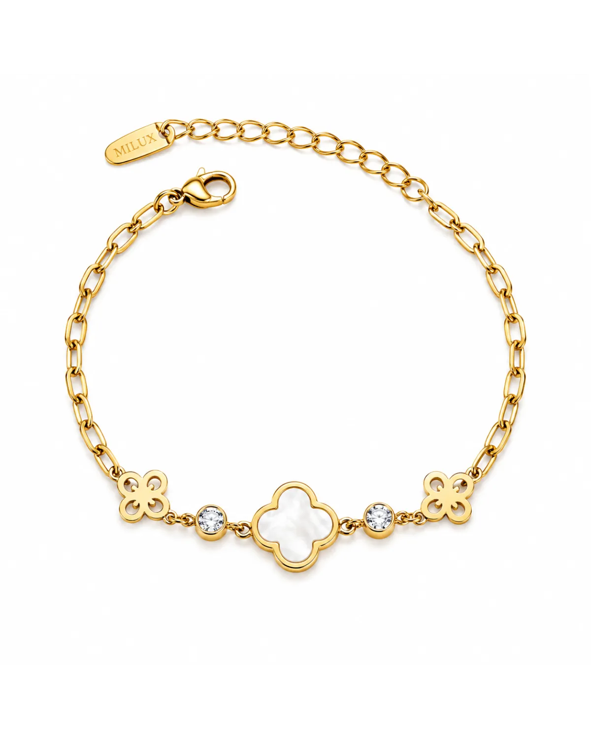Bransoletka na rękę stal chirurgiczna pozłacana 14k złotem, koniczyna biała BST1653 Bransoletka na rękę stal chirurgiczna pozłacana 14k złotem, koniczyna biała BST1653