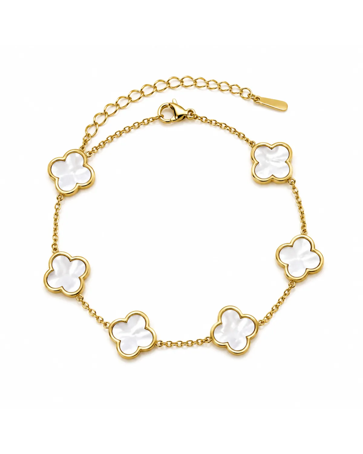 Bransoletka na rękę stal chirurgiczna pozłacana 14k złotem, biała koniczyna BST1632 Bransoletka na rękę stal chirurgiczna pozłacana 14k złotem, biała koniczyna BST1632