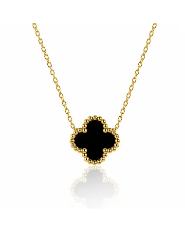 Naszyjnik stal szlachetna pozłacana 14k złotem, koniczynka 13mm, czarna NST2300