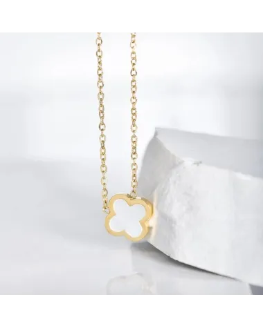 Naszyjnik stal szlachetna pozłacana 14k złotem, 13mm biała koniczynka NST2298