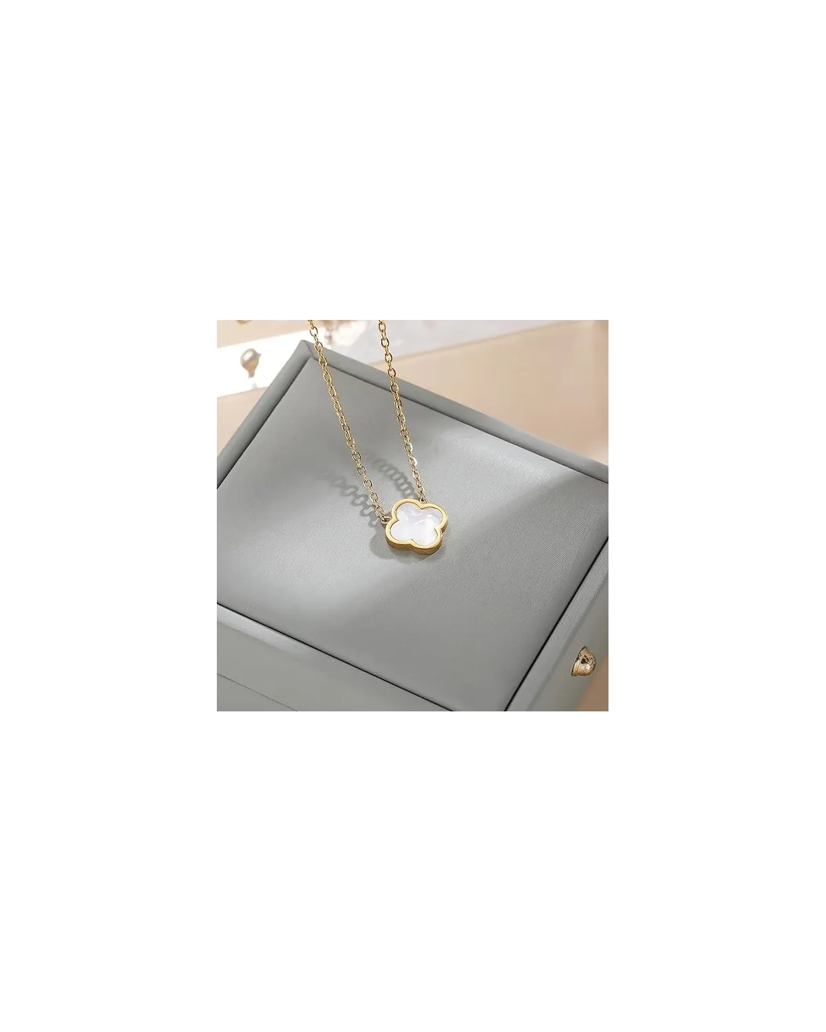 Naszyjnik stal szlachetna pozłacana 14k złotem, 13mm biała koniczynka NST2298