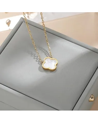 Naszyjnik stal szlachetna pozłacana 14k złotem, 13mm biała koniczynka NST2298