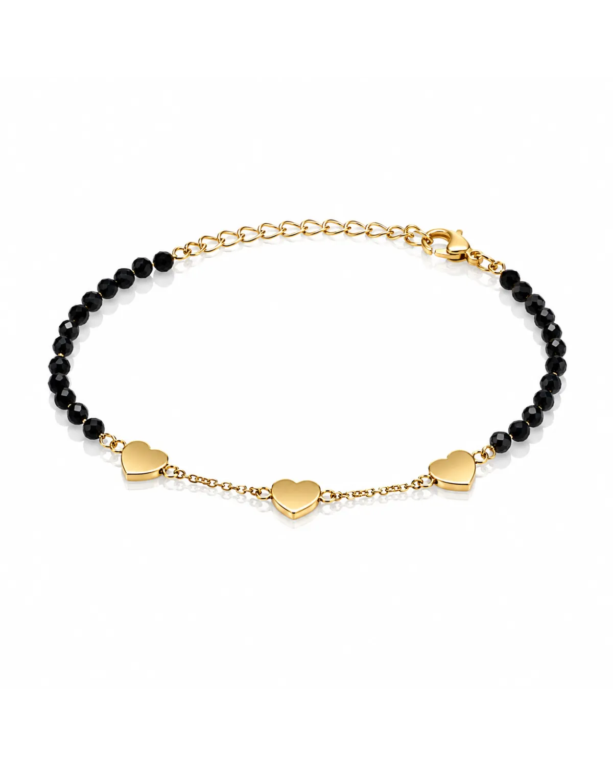 Bransoletka na rękę stal chirurgiczna pozłacana 14k złotem, czarne kuleczki, serce BST1751 Bransoletka na rękę stal chirurgiczna pozłacana 14k złotem, czarne kuleczki, serce BST1751
