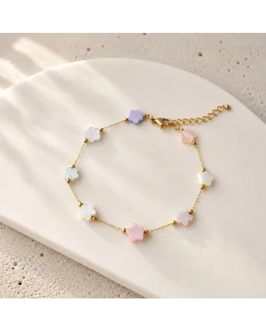 Bransoletka na rękę stal chirurgiczna pozłacana 14k złotem, Pastelowe KWIATY BST1770