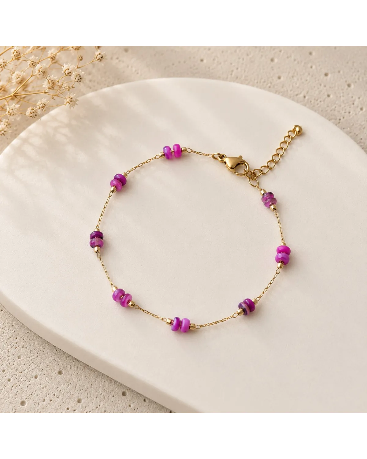 Bransoletka na rękę stal chirurgiczna pozłacana 14k złotem, fioletowy kamyczki BST1772 Bransoletka na rękę stal chirurgiczna pozłacana 14k złotem, fioletowy kamyczki BST1772