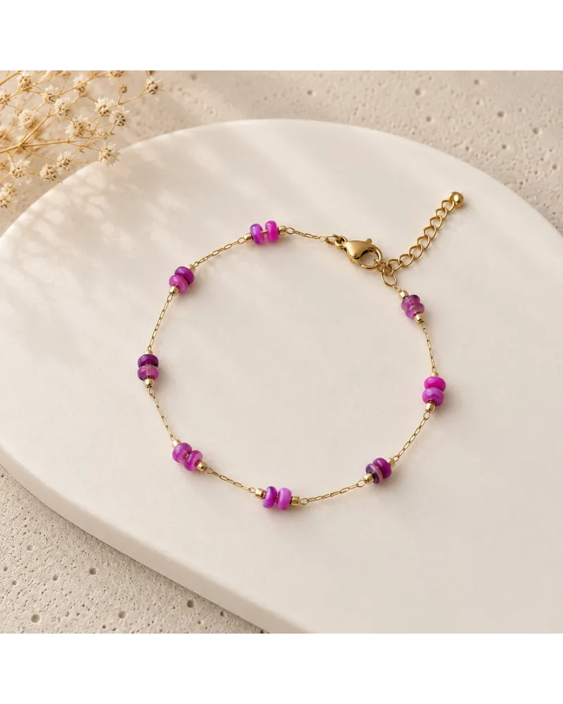 Bransoletka na rękę stal chirurgiczna pozłacana 14k złotem, fioletowy kamyczki BST1772 Bransoletka na rękę stal chirurgiczna pozłacana 14k złotem, fioletowy kamyczki BST1772