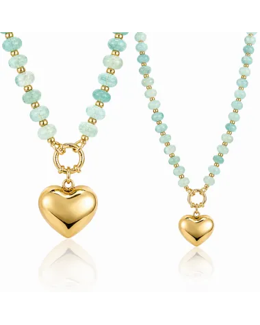 Naszyjnik stal szlachetna pozłacana 14k złotem, kulki kamień naturalny Blue Stone, serce NST2405