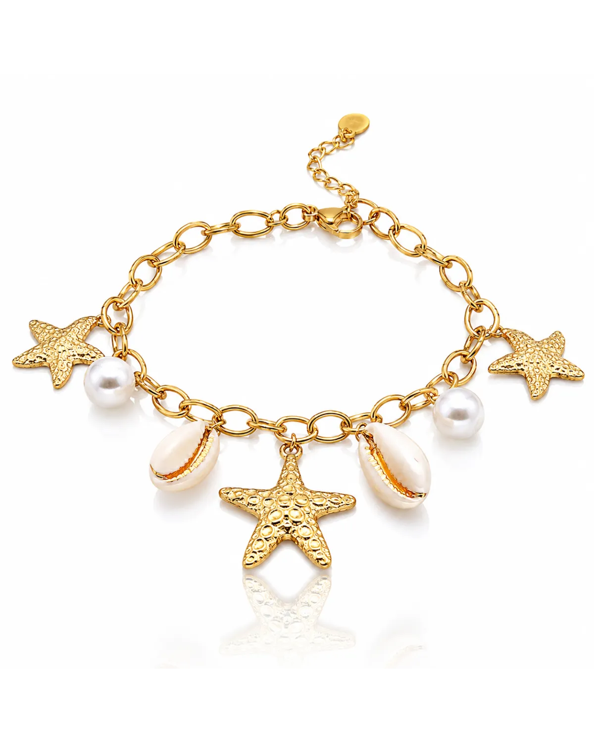 Bransoletka na rękę stal chirurgiczna pozłacana 14k złotem, rozgwiazdy i muszelki, perły BST1782 Bransoletka na rękę stal chirurgiczna pozłacana 14k złotem, rozgwiazdy i muszelki, perły BST1782