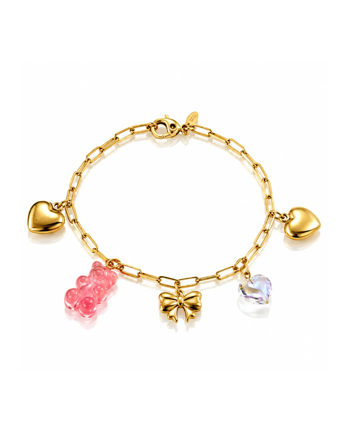 Bransoletka na rękę stal chirurgiczna pozłacana 14k złotem, różowy MIŚ, serca, kokarda BST1783 Bransoletka na rękę stal chirurgiczna pozłacana 14k złotem, różowy MIŚ, serca, kokarda BST1783