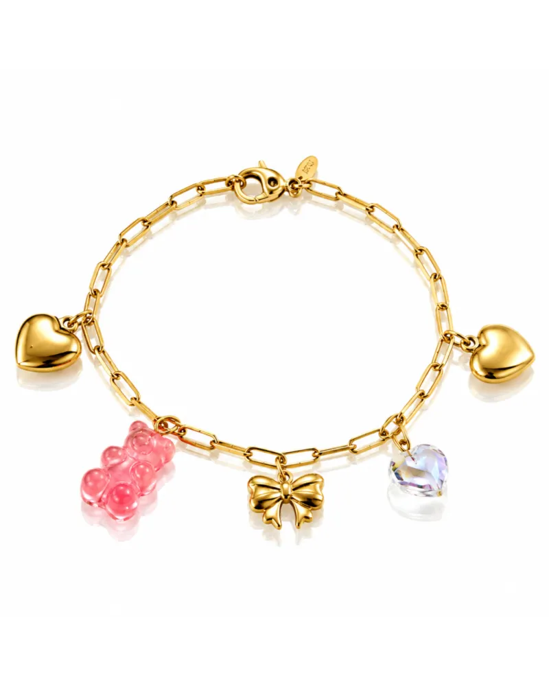 Bransoletka na rękę stal chirurgiczna pozłacana 14k złotem, różowy MIŚ, serca, kokarda BST1783 Bransoletka na rękę stal chirurgiczna pozłacana 14k złotem, różowy MIŚ, serca, kokarda BST1783
