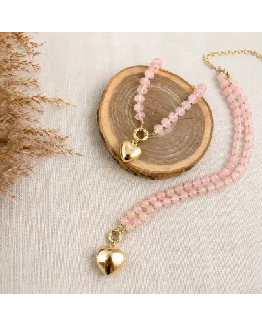 Naszyjnik stal szlachetna pozłacana 14k złotem, kamienie naturalne r&oacute;żowe, SERCE NST2407