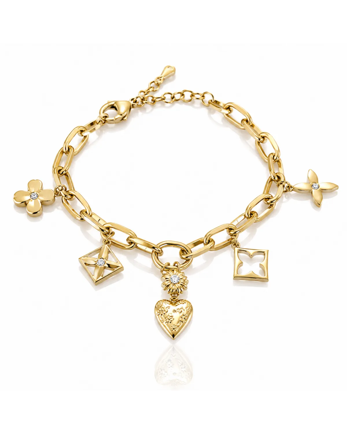 Bransoletka na rękę stal chirurgiczna pozłacana 14k złotem, gruba, zawieszki SERCE wytłaczane BST1810 Bransoletka na rękę stal chirurgiczna pozłacana 14k złotem, gruba, zawieszki SERCE wytłaczane BST1810