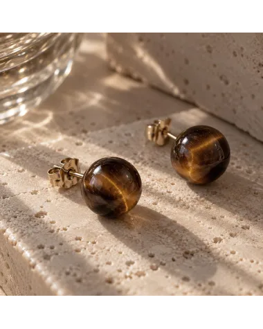 Kolczyki ze stali szlachetnej pozłacanej 14k złotem KULKI 12mm kamienie TIGER STONE KST3767