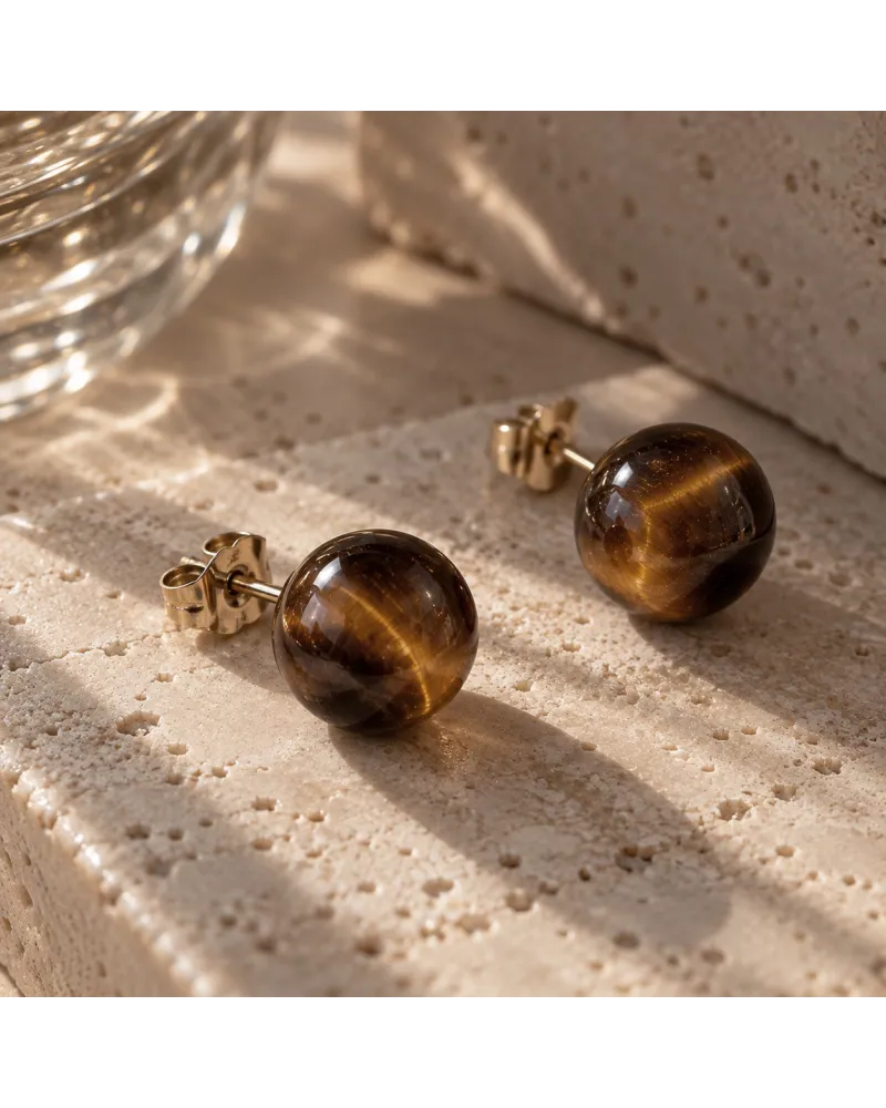 Kolczyki ze stali szlachetnej pozłacanej 14k złotem KULKI 12mm kamienie TIGER STONE KST3767 Kolczyki ze stali szlachetnej pozłacanej 14k złotem KULKI 12mm kamienie TIGER STONE KST3767