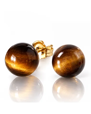 Kolczyki ze stali szlachetnej pozłacanej 14k złotem KULKI 8mm kamienie TIGER STONE KST3768