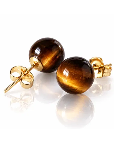 Kolczyki ze stali szlachetnej pozłacanej 14k złotem KULKI 8mm kamienie TIGER STONE KST3768