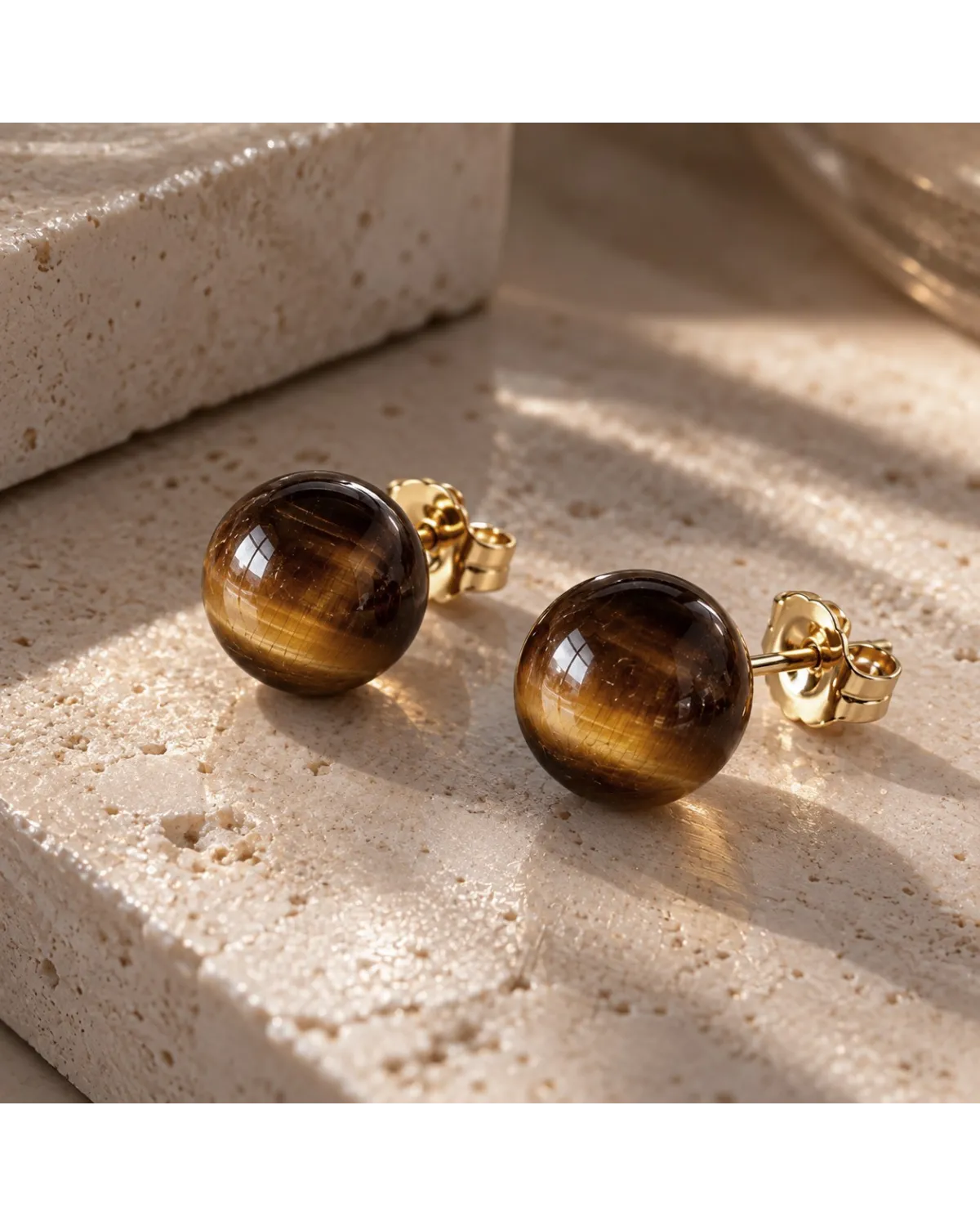 Kolczyki ze stali szlachetnej pozłacanej 14k złotem KULKI 8mm kamienie TIGER STONE KST3768 Kolczyki ze stali szlachetnej pozłacanej 14k złotem KULKI 8mm kamienie TIGER STONE KST3768