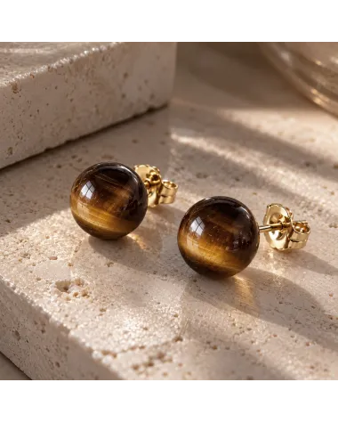 Kolczyki ze stali szlachetnej pozłacanej 14k złotem KULKI 8mm kamienie TIGER STONE KST3768