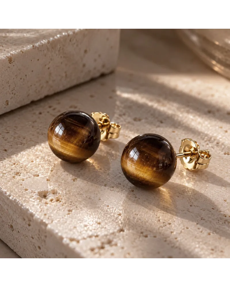 Kolczyki ze stali szlachetnej pozłacanej 14k złotem KULKI 8mm kamienie TIGER STONE KST3768 Kolczyki ze stali szlachetnej pozłacanej 14k złotem KULKI 8mm kamienie TIGER STONE KST3768