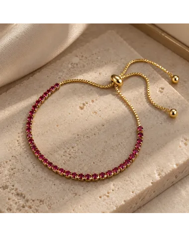 Bransoletka na rękę stal chirurgiczna pozłacana 14k złotem, regulowane zapięcie, cyrkonie red BST1807
