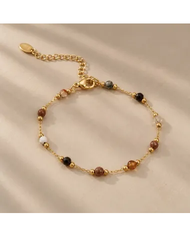 Bransoletka na rękę stal chirurgiczna pozłacana 14k złotem, kolorowe kamienie BST1820
