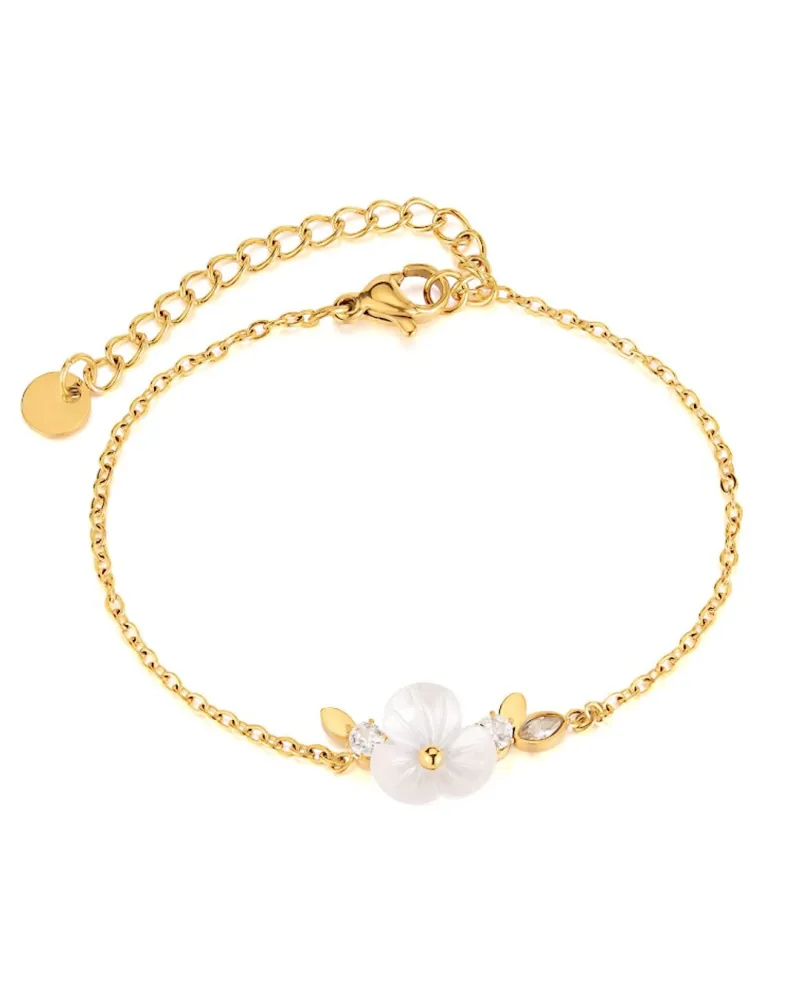 Bransoletka na rękę stal chirurgiczna pozłacana 14k złotem, biały kwiat, cyrkonia BST1516 Bransoletka na rękę stal chirurgiczna pozłacana 14k złotem, biały kwiat, cyrkonia BST1516