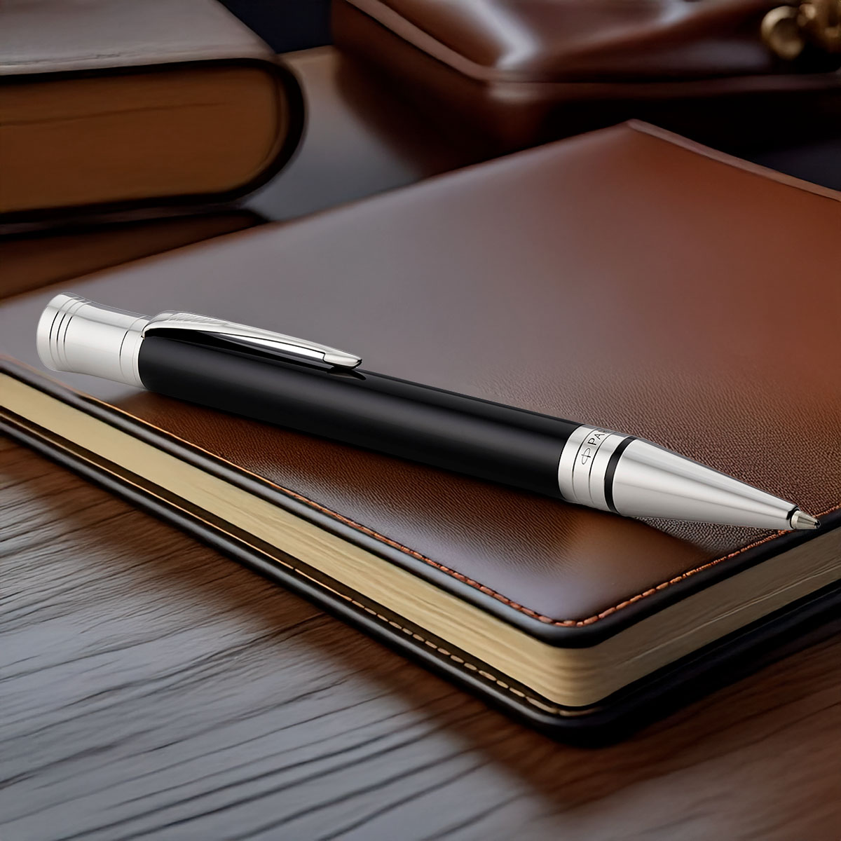 Długopis Parker Duofold Classic Black CT na brązowym notesie – czarny korpus z żywicy akrylowej i srebrzyste, palladowe wykończenia w eleganckim ujęciu